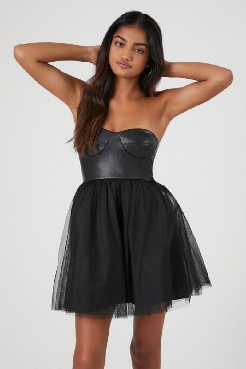 Vestido Forever 21 Faux Cuero Amp Tulle Mini Mujer Negras | ceLDa7AVJa0