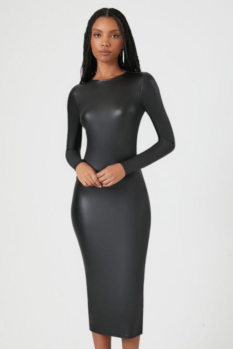 Vestido Forever 21 Faux Cuero Bodycon Midi Mujer Negras | qa00i972Vne