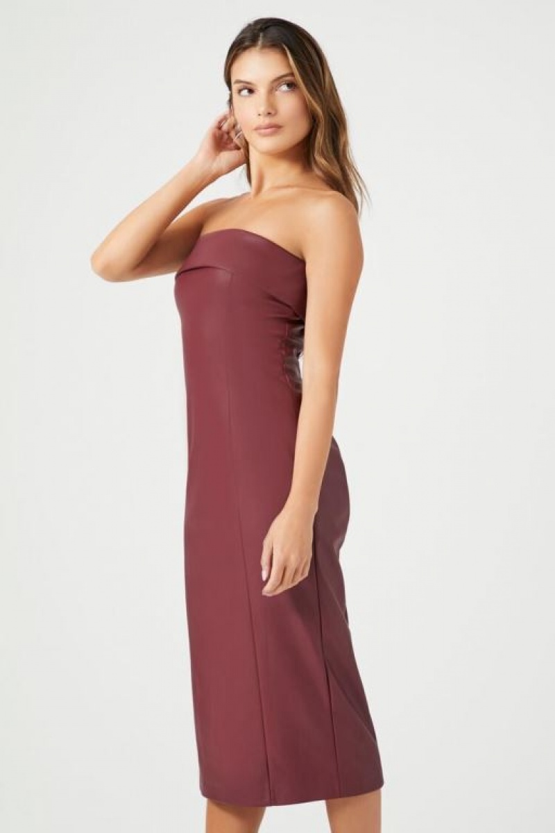 Vestido Forever 21 Faux Cuero Midi Strapless Mujer Burdeos | 32XH97Z6mu6