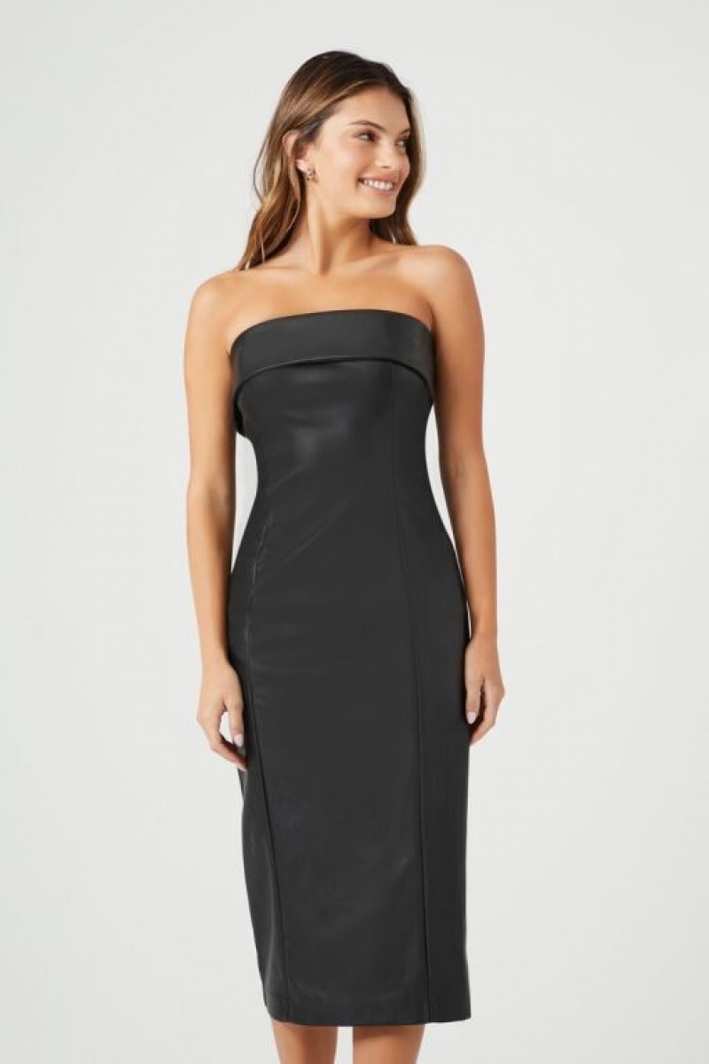 Vestido Forever 21 Faux Cuero Midi Strapless Mujer Negras | ReU121IuCDj