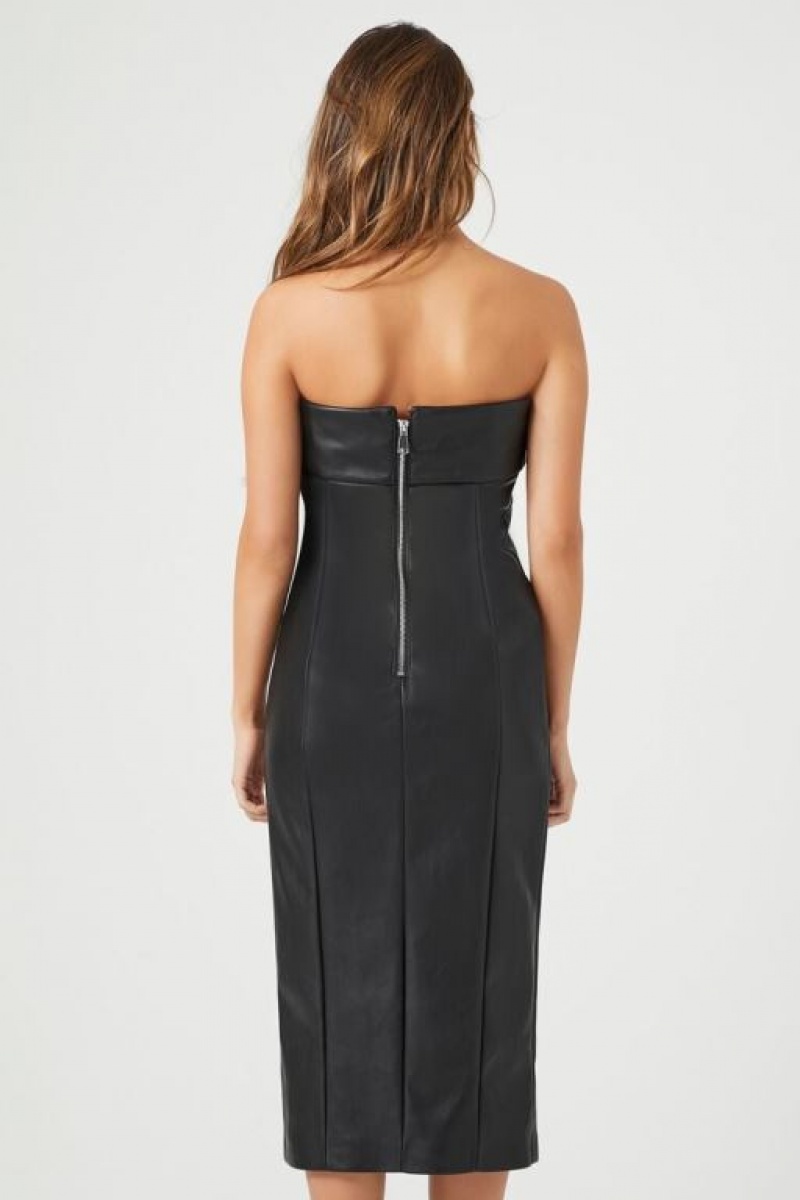 Vestido Forever 21 Faux Cuero Midi Strapless Mujer Negras | ReU121IuCDj