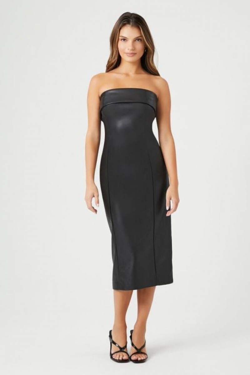 Vestido Forever 21 Faux Cuero Midi Strapless Mujer Negras | ReU121IuCDj