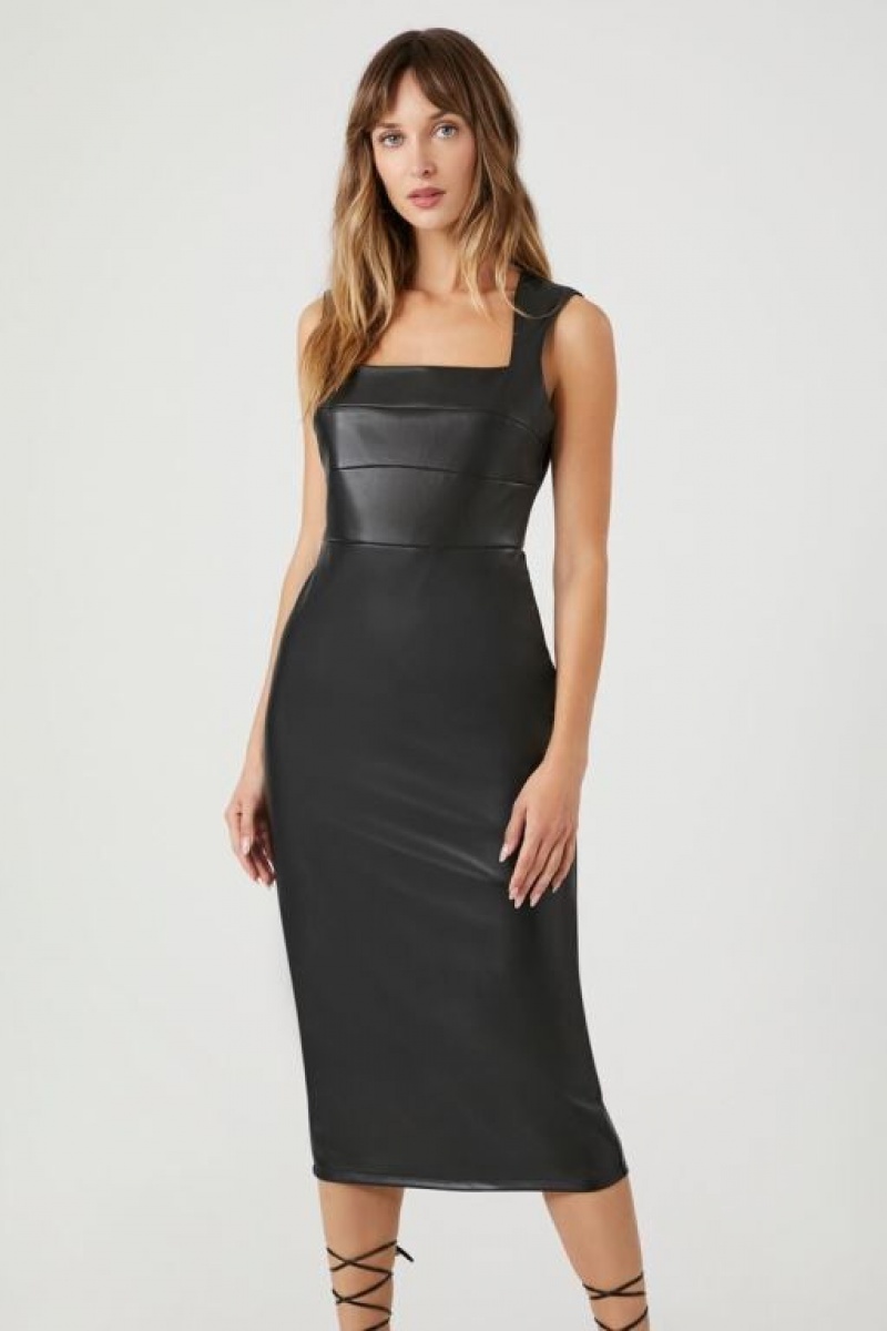 Vestido Forever 21 Faux Cuero Sleeveless Midi Mujer Negras | nGzNc44t5oC