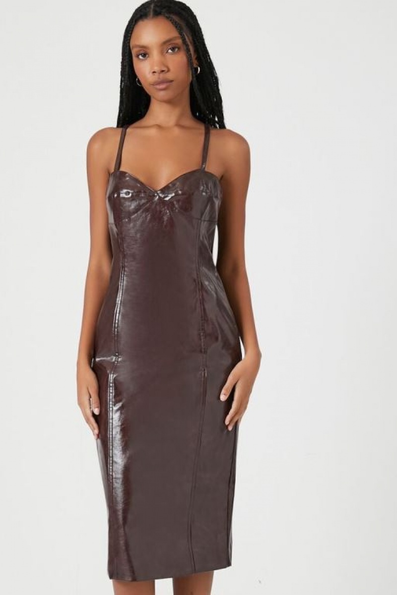 Vestido Forever 21 Faux Cuero Slit Midi Mujer Chocolate | uTIzeviKkox