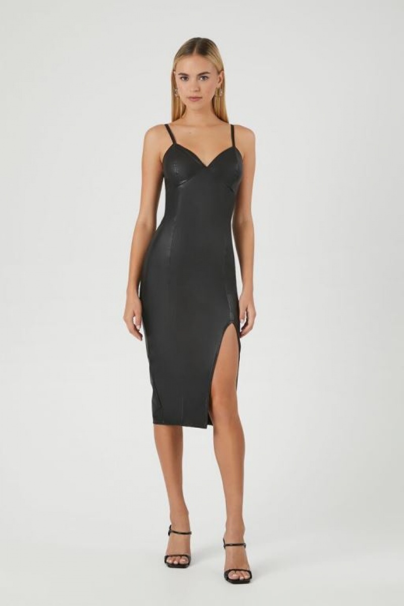 Vestido Forever 21 Faux Cuero Slit Midi Mujer Negras | s23fO9sWJNs