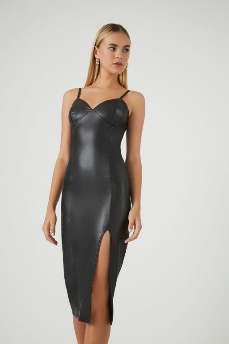 Vestido Forever 21 Faux Cuero Slit Midi Mujer Negras | s23fO9sWJNs