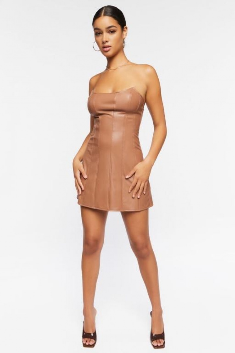 Vestido Forever 21 Faux Cuero Strapless Mini Mujer Carob | 21layqt3umD