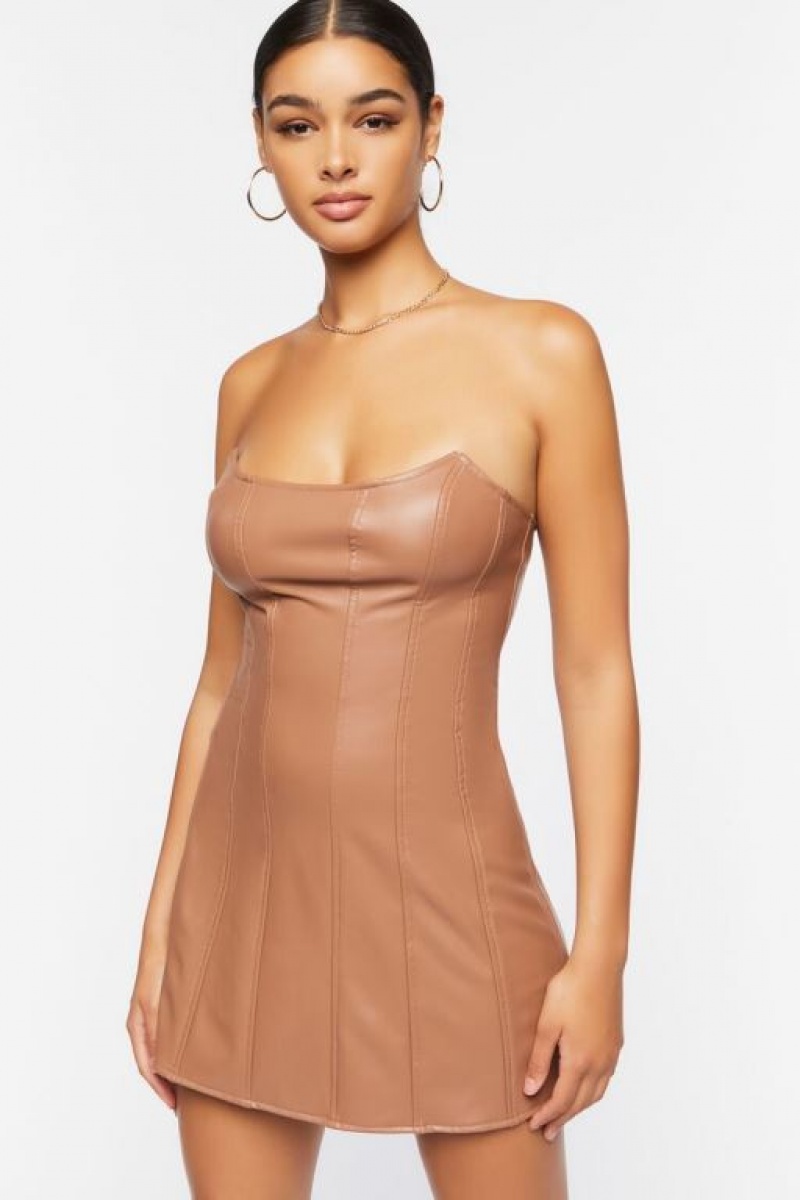 Vestido Forever 21 Faux Cuero Strapless Mini Mujer Carob | 21layqt3umD