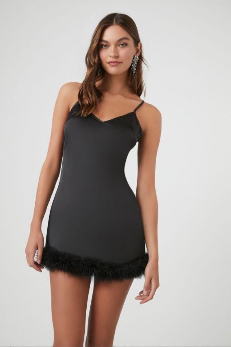 Vestido Forever 21 Faux Feather Satin Slip Mujer Negras | z8jOHfm1nxP