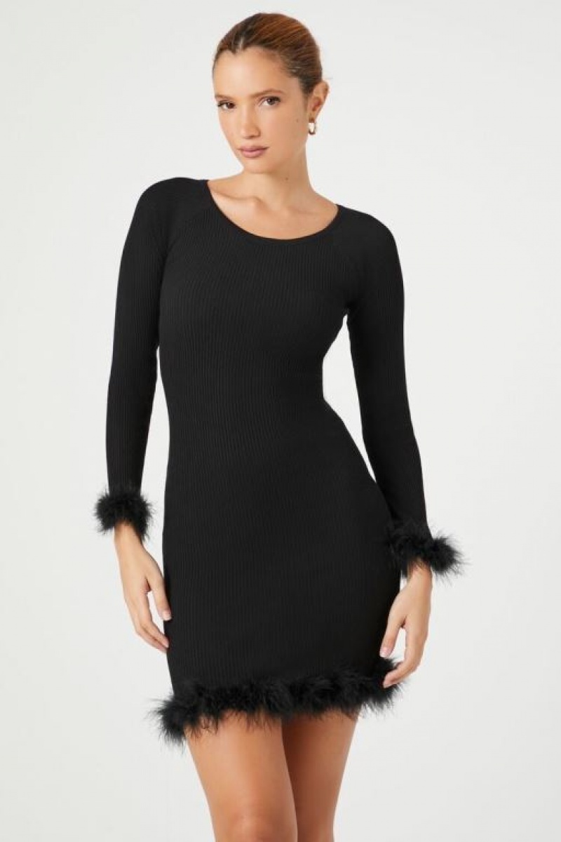 Vestido Forever 21 Faux Feather Trim Midi Mujer Negras | n6k6Fn1pmn0