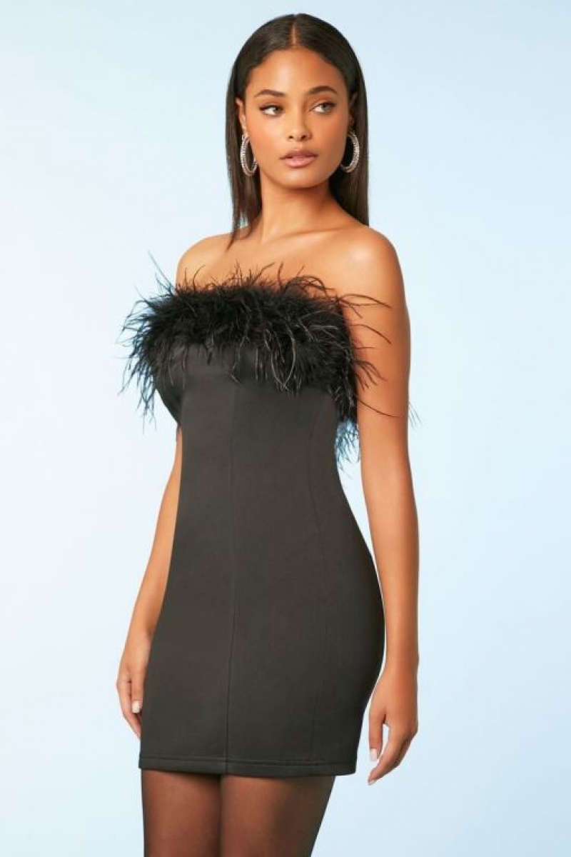 Vestido Forever 21 Faux Feather Trim Mini Tube Mujer Negras | tS7IXYwVrGz