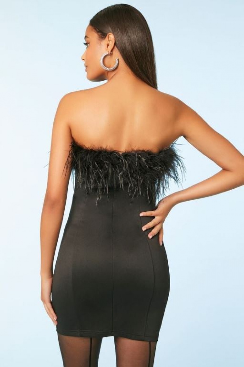 Vestido Forever 21 Faux Feather Trim Mini Tube Mujer Negras | tS7IXYwVrGz