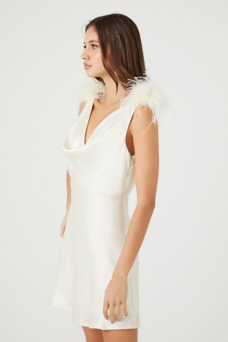 Vestido Forever 21 Faux Feather Trim Satin Slip Mujer Blancas | bIBtqOpN0c5