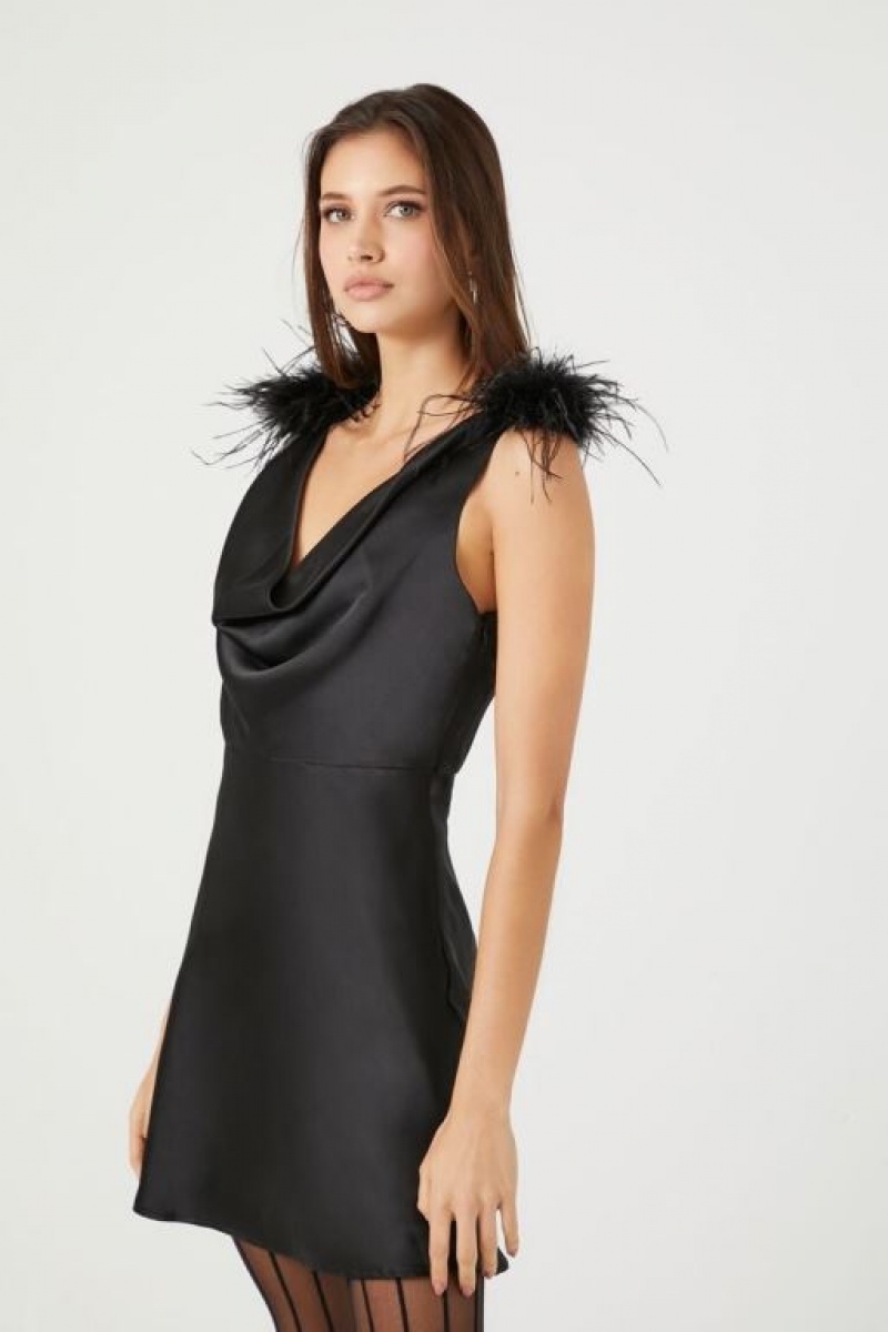 Vestido Forever 21 Faux Feather Trim Satin Slip Mujer Negras | nRYLusNAQXe