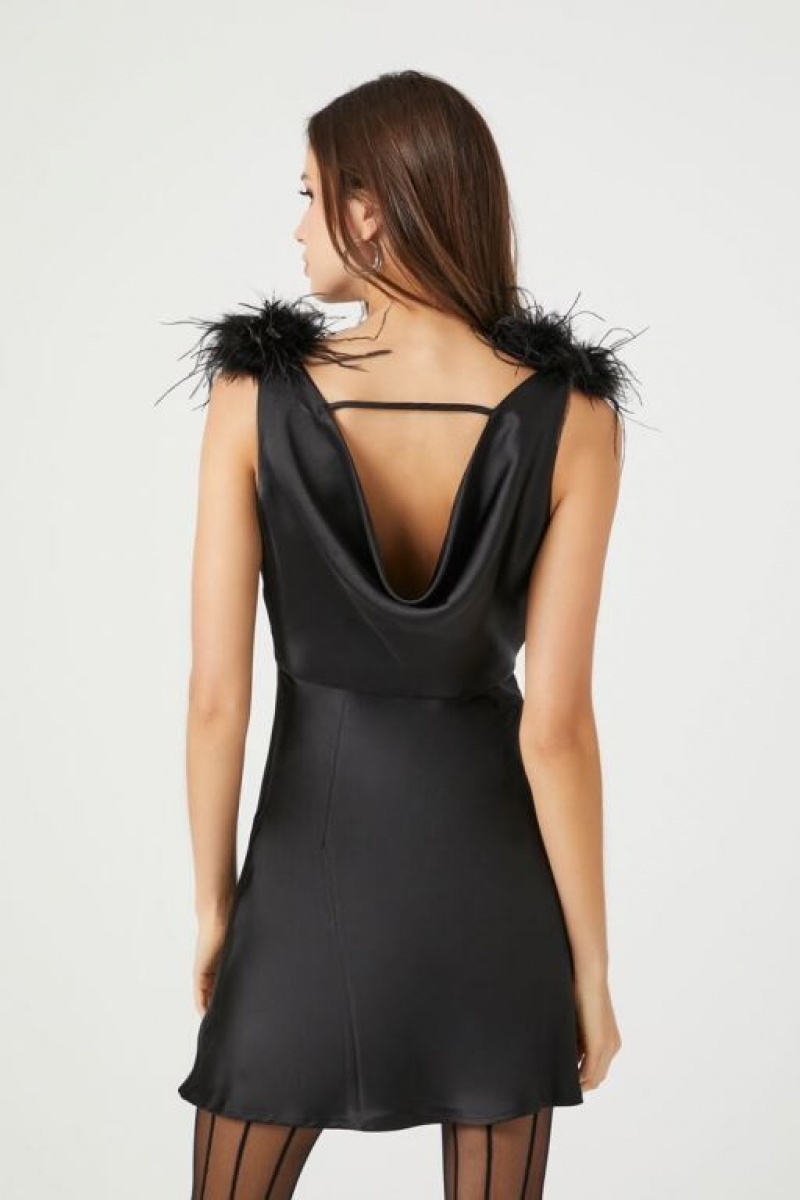 Vestido Forever 21 Faux Feather Trim Satin Slip Mujer Negras | nRYLusNAQXe