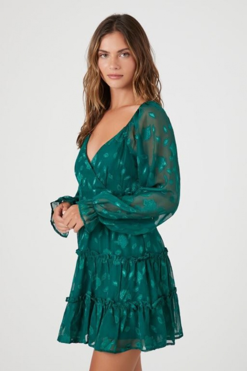 Vestido Forever 21 Floral Burnout Surplice Mini Mujer Verde | AIBx0GPtOKL