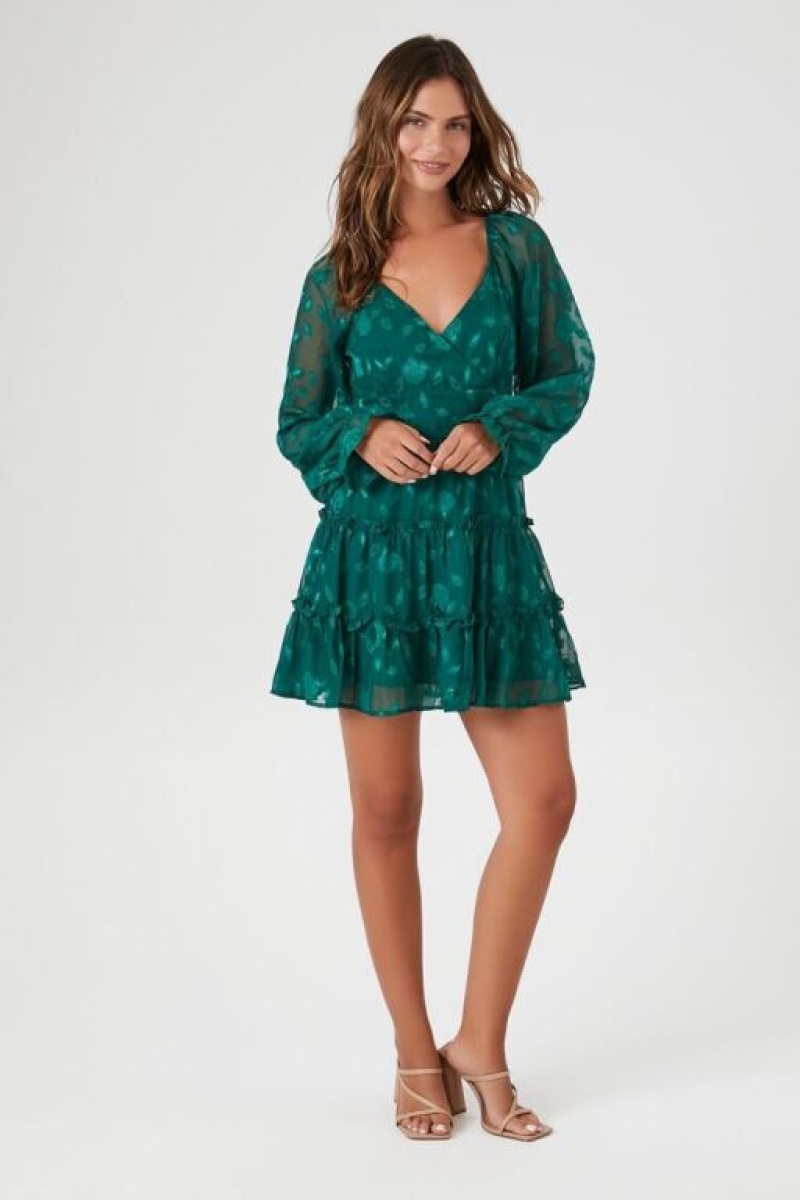 Vestido Forever 21 Floral Burnout Surplice Mini Mujer Verde | AIBx0GPtOKL