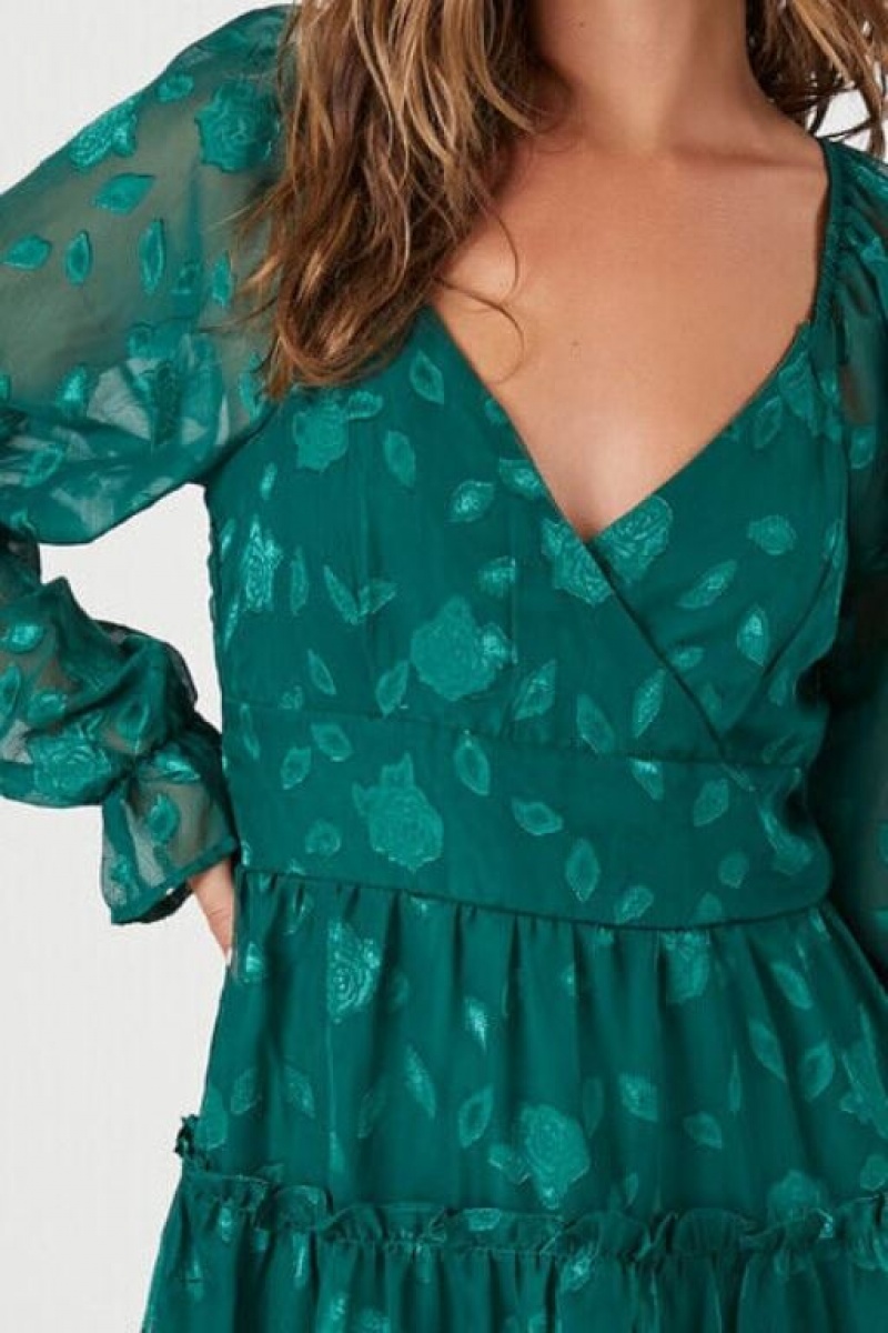 Vestido Forever 21 Floral Burnout Surplice Mini Mujer Verde | AIBx0GPtOKL