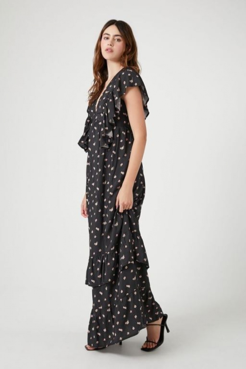 Vestido Forever 21 Floral Butterfly Sleeve Maxi Mujer Negras Rosas | fLMBvNsLzOP