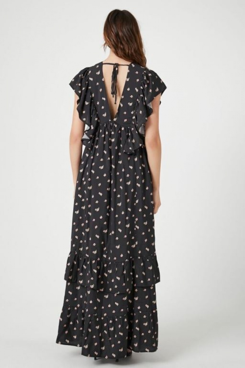 Vestido Forever 21 Floral Butterfly Sleeve Maxi Mujer Negras Rosas | fLMBvNsLzOP