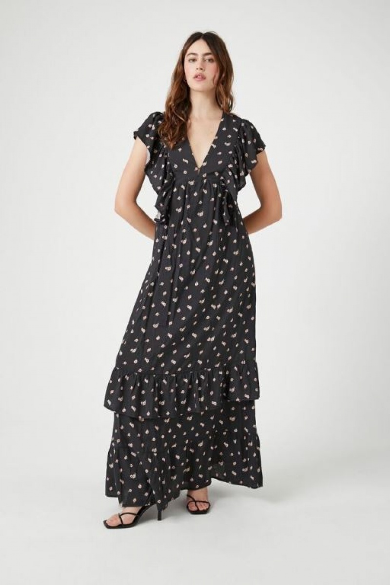 Vestido Forever 21 Floral Butterfly Sleeve Maxi Mujer Negras Rosas | fLMBvNsLzOP