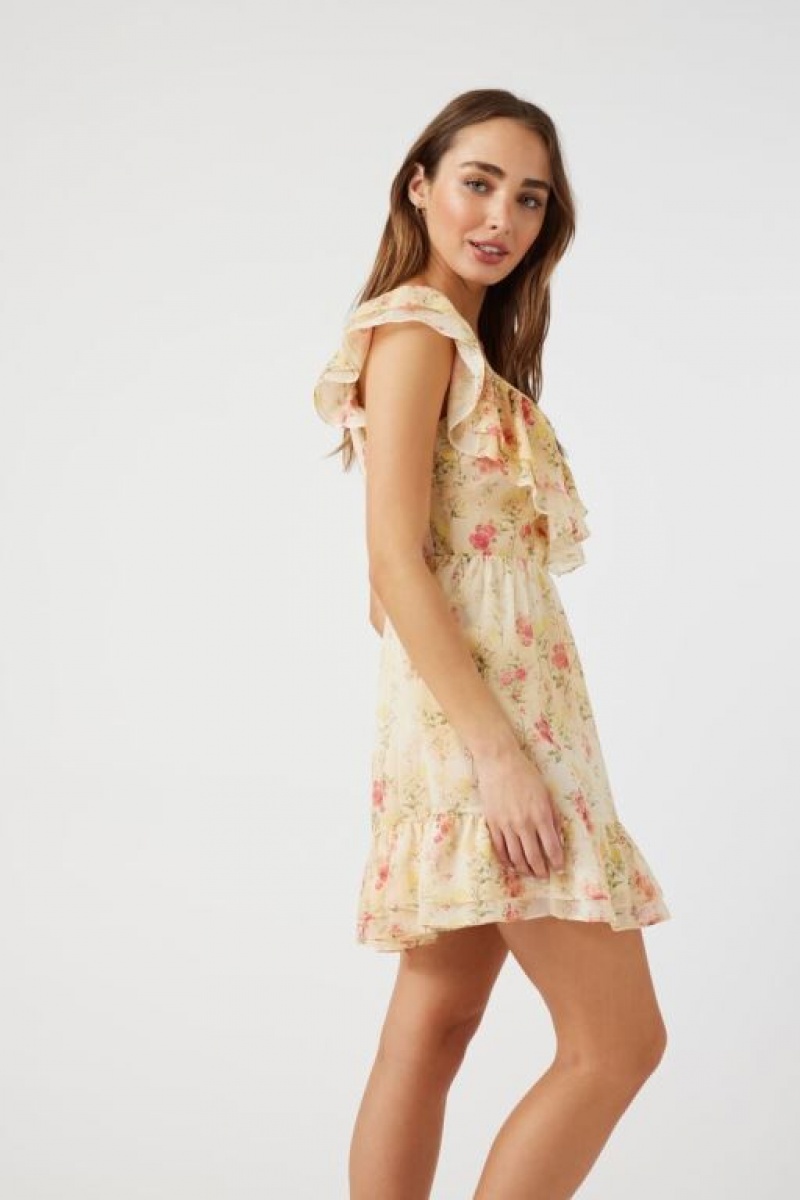 Vestido Forever 21 Floral Chiffon Flounce Mini Mujer Rosas Multicolor | U91xF6pL73M