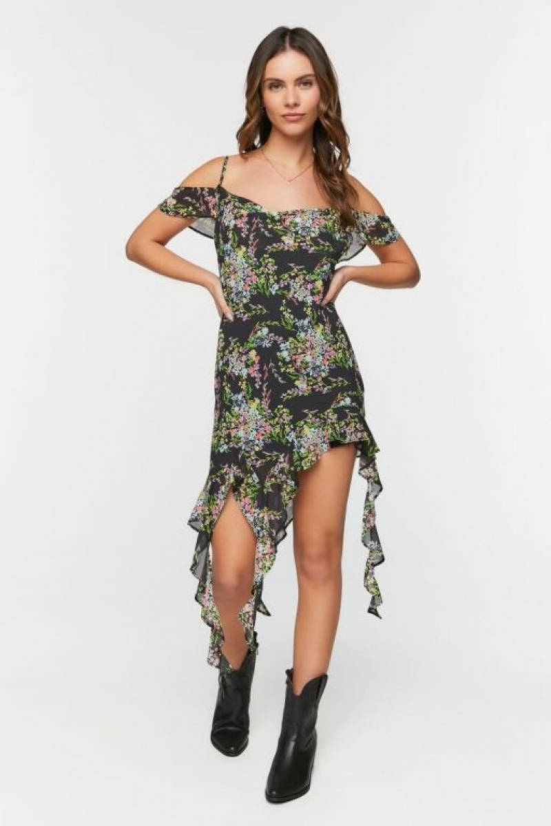 Vestido Forever 21 Floral Chiffon Off The Shoulder Mujer Negras Multicolor | EHGyY8SNBe5