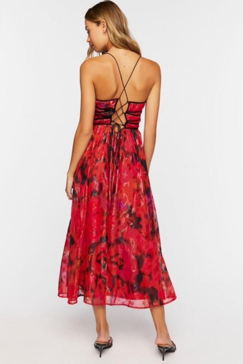 Vestido Forever 21 Floral Crisscross Cami Midi Mujer Rojas Multicolor | eHpoJ4nY7RP