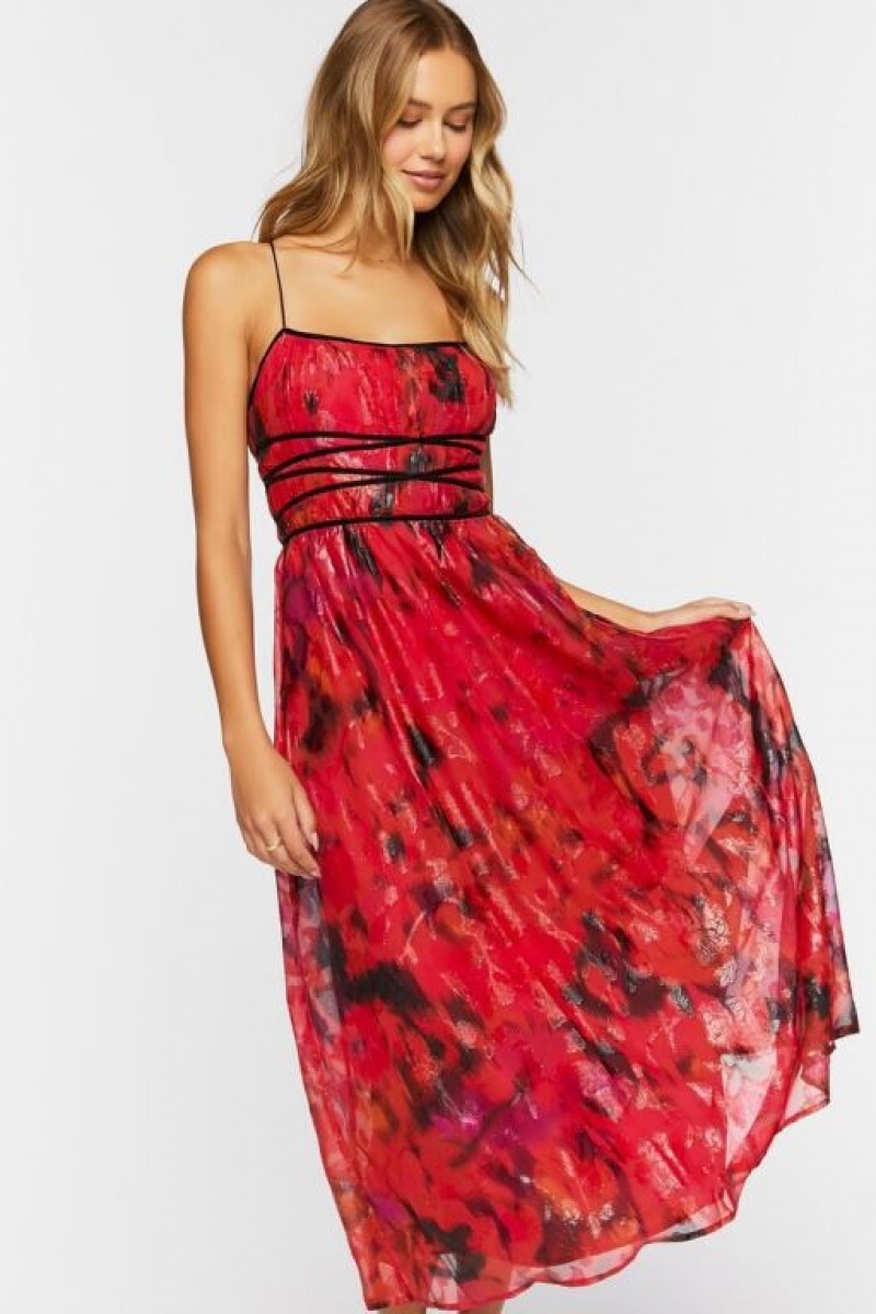 Vestido Forever 21 Floral Crisscross Cami Midi Mujer Rojas Multicolor | eHpoJ4nY7RP