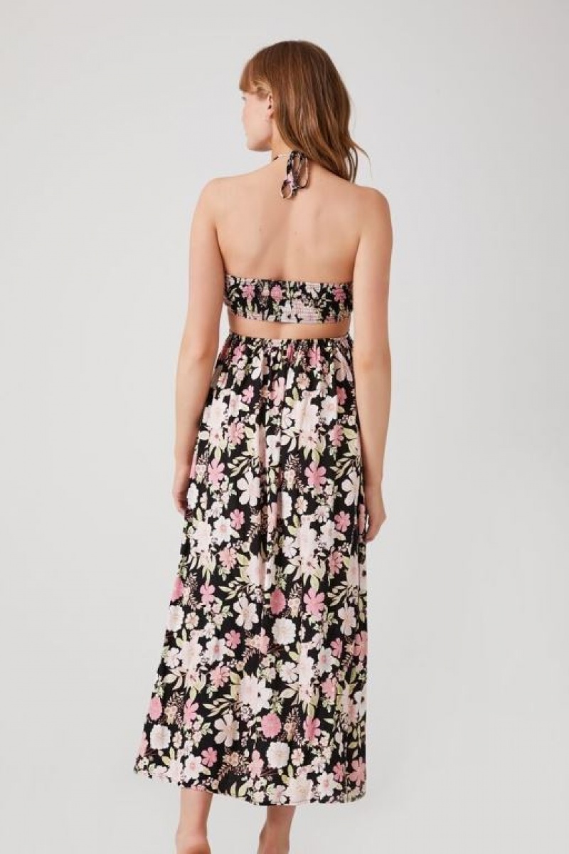 Vestido Forever 21 Floral Cutout Halter Midi Mujer Negras Multicolor | yEwZbbGR4QF