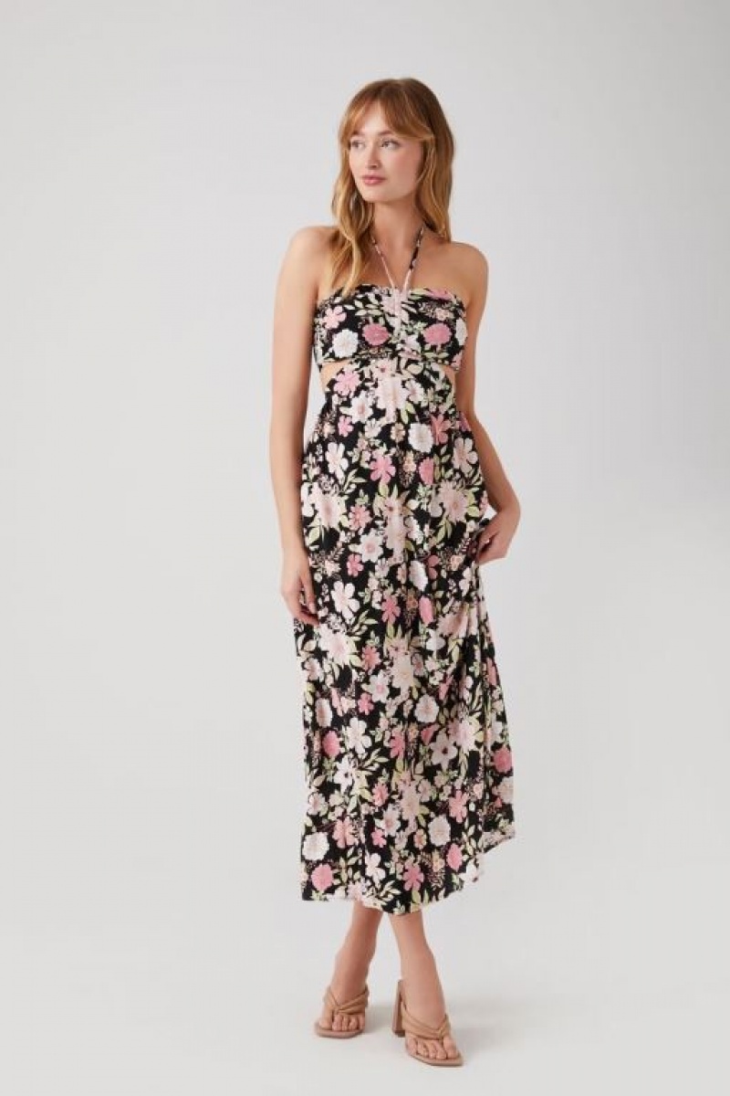 Vestido Forever 21 Floral Cutout Halter Midi Mujer Negras Multicolor | yEwZbbGR4QF