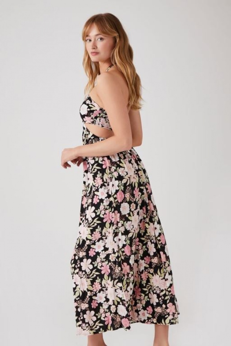 Vestido Forever 21 Floral Cutout Halter Midi Mujer Negras Multicolor | WDHotNKJsTv