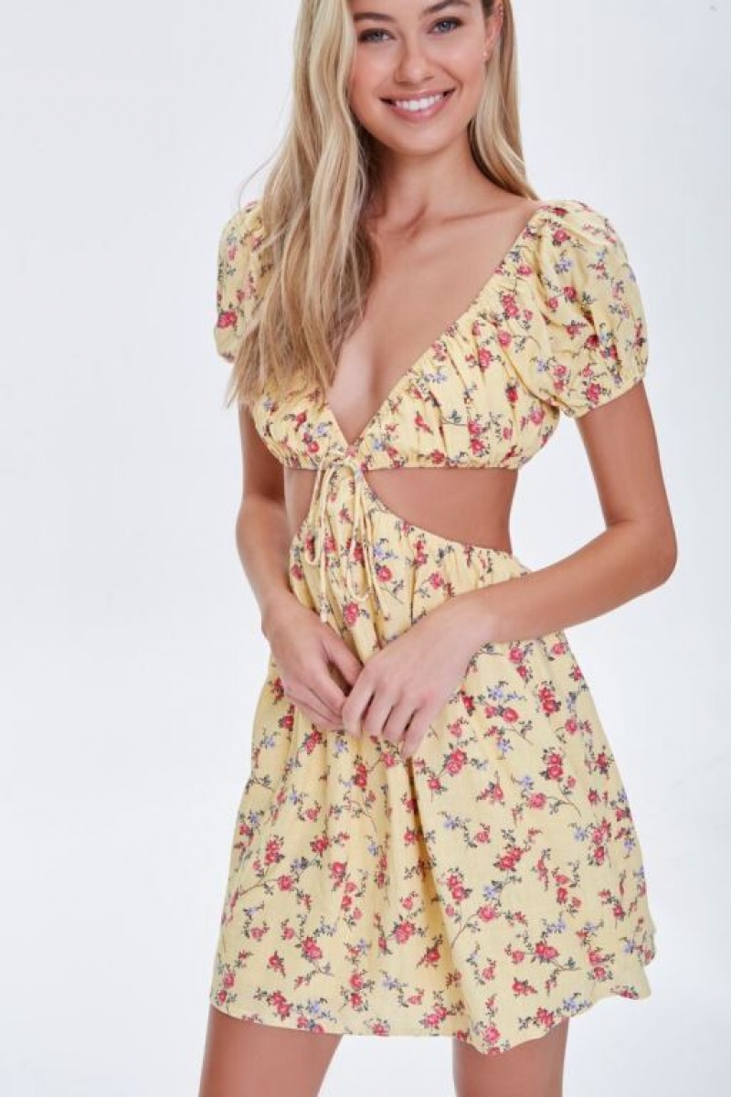 Vestido Forever 21 Floral Cutout Mini Mujer Amarillo Multicolor | LB0apHCRjSn