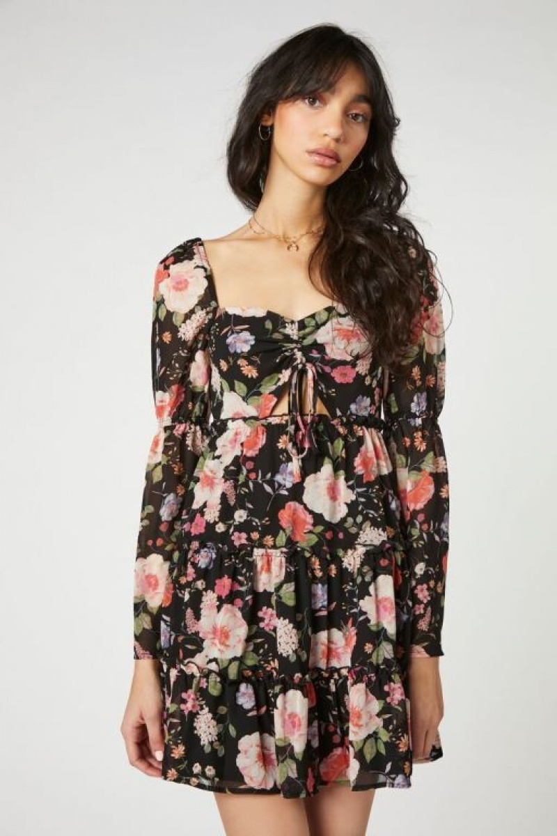 Vestido Forever 21 Floral Cutout Tiered Mini Mujer Negras Multicolor | eK2s3C49w57