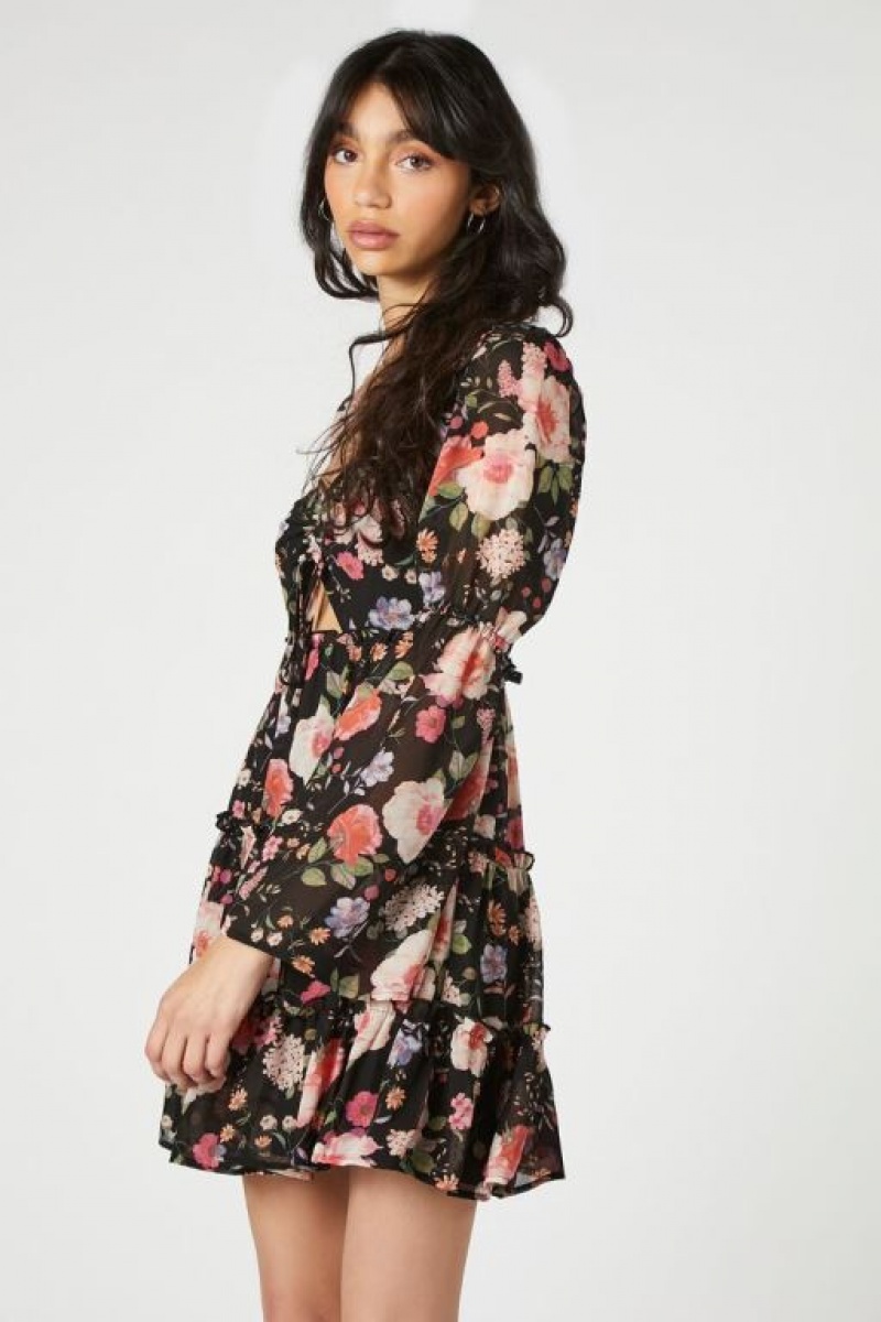 Vestido Forever 21 Floral Cutout Tiered Mini Mujer Negras Multicolor | eK2s3C49w57