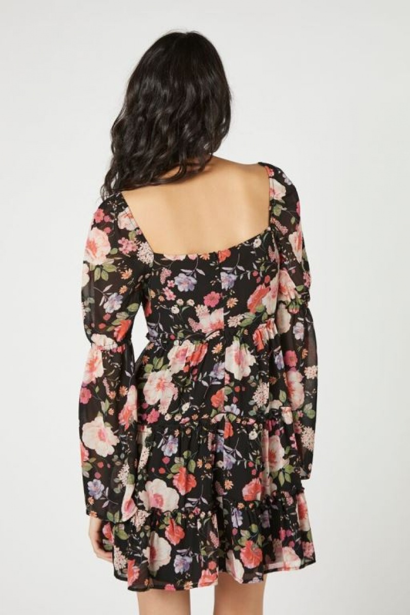 Vestido Forever 21 Floral Cutout Tiered Mini Mujer Negras Multicolor | eK2s3C49w57