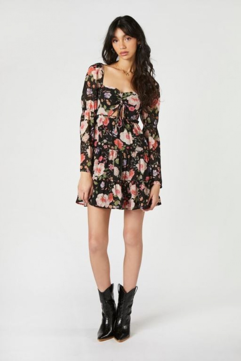 Vestido Forever 21 Floral Cutout Tiered Mini Mujer Negras Multicolor | eK2s3C49w57