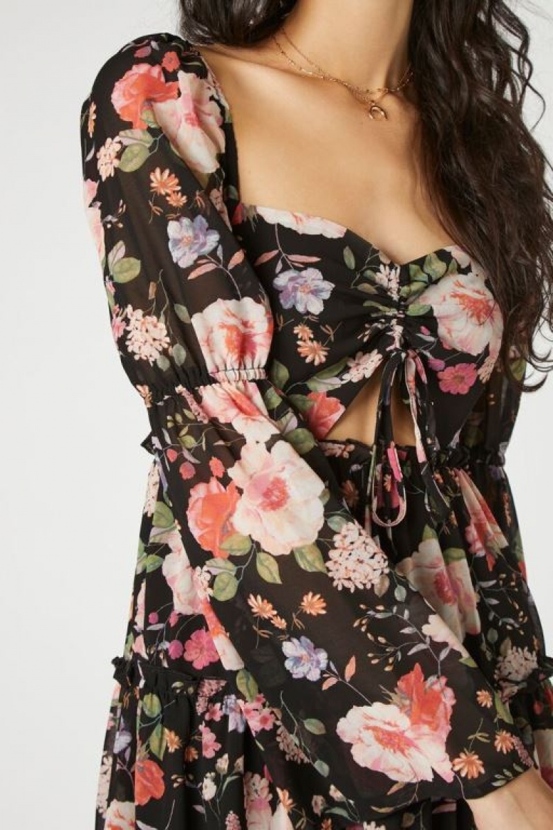 Vestido Forever 21 Floral Cutout Tiered Mini Mujer Negras Multicolor | eK2s3C49w57