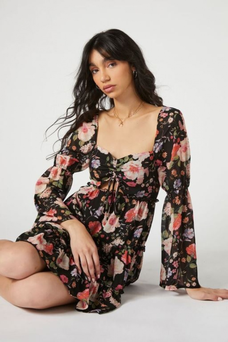 Vestido Forever 21 Floral Cutout Tiered Mini Mujer Negras Multicolor | eK2s3C49w57