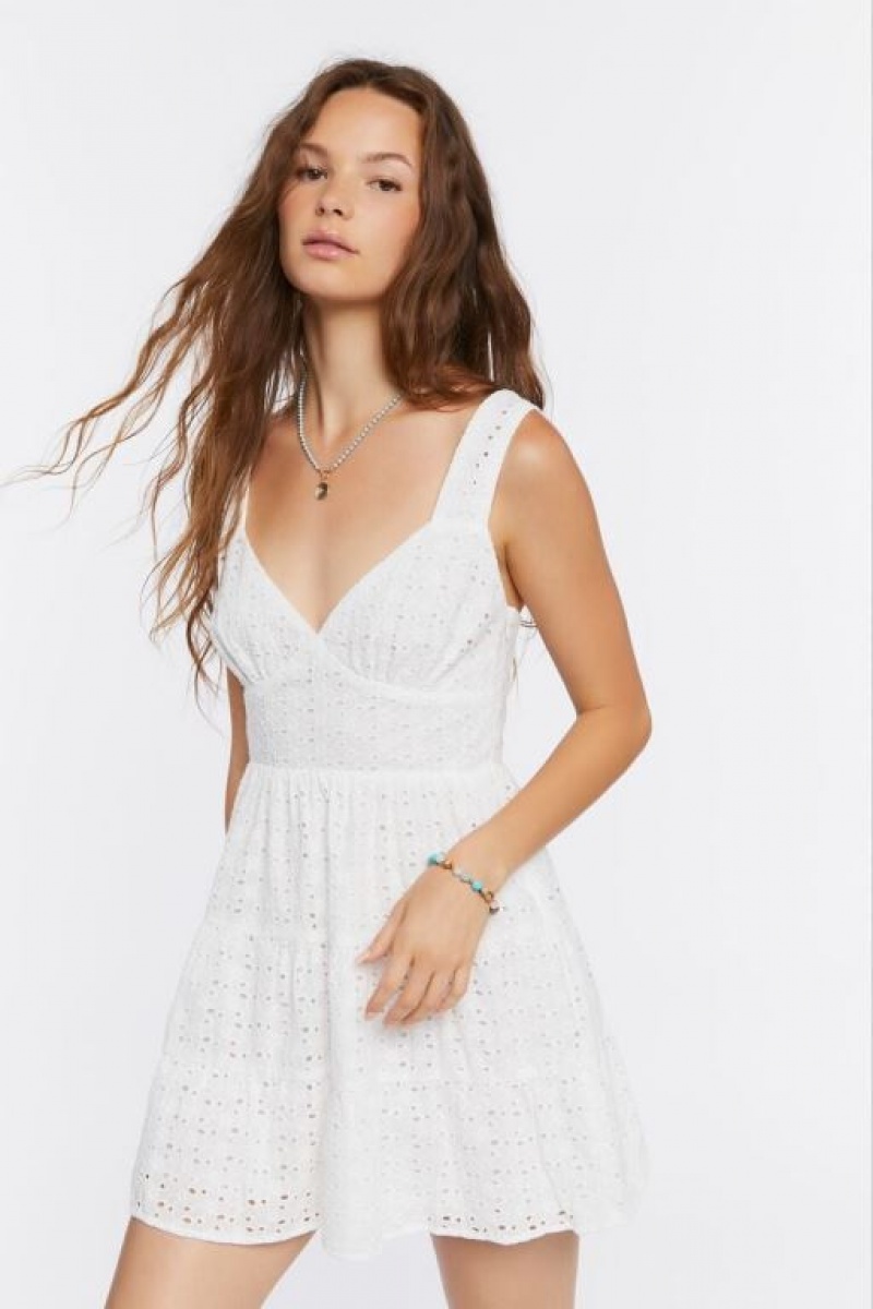 Vestido Forever 21 Floral Eyelet Mini Mujer Blancas | 417Dp96mwAL