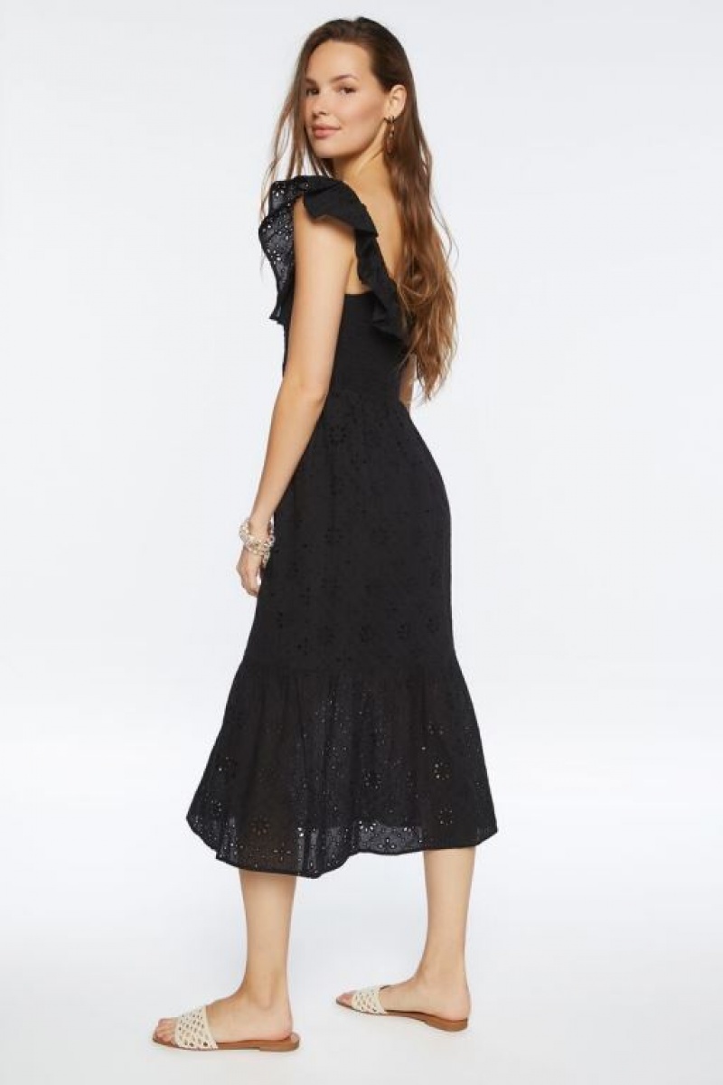 Vestido Forever 21 Floral Eyelet Smocked Midi Mujer Negras | yaxH6Rg4Acy