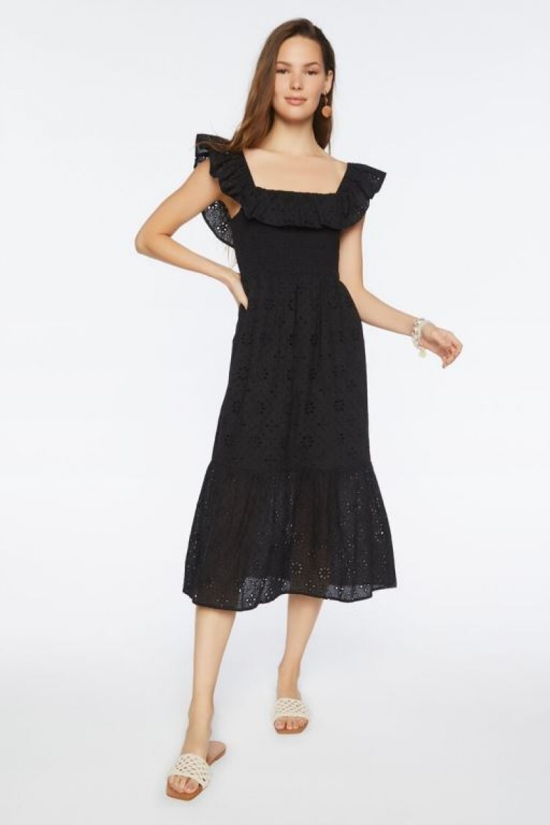 Vestido Forever 21 Floral Eyelet Smocked Midi Mujer Negras | yaxH6Rg4Acy