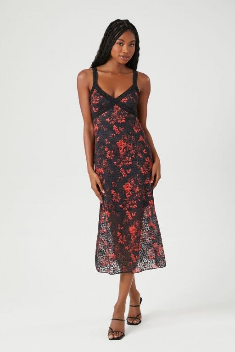 Vestido Forever 21 Floral Lace Trim Midi Mujer Negras Rojas | H6xRU9Rihtm