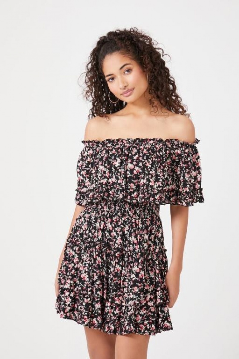 Vestido Forever 21 Floral Off The Shoulder Mini Mujer Negras Multicolor | DdEZIUzKLdt