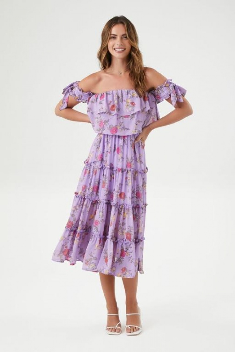 Vestido Forever 21 Floral Off The Shoulder Midi Mujer Lavanda Multicolor | PPmAzkWwcq3