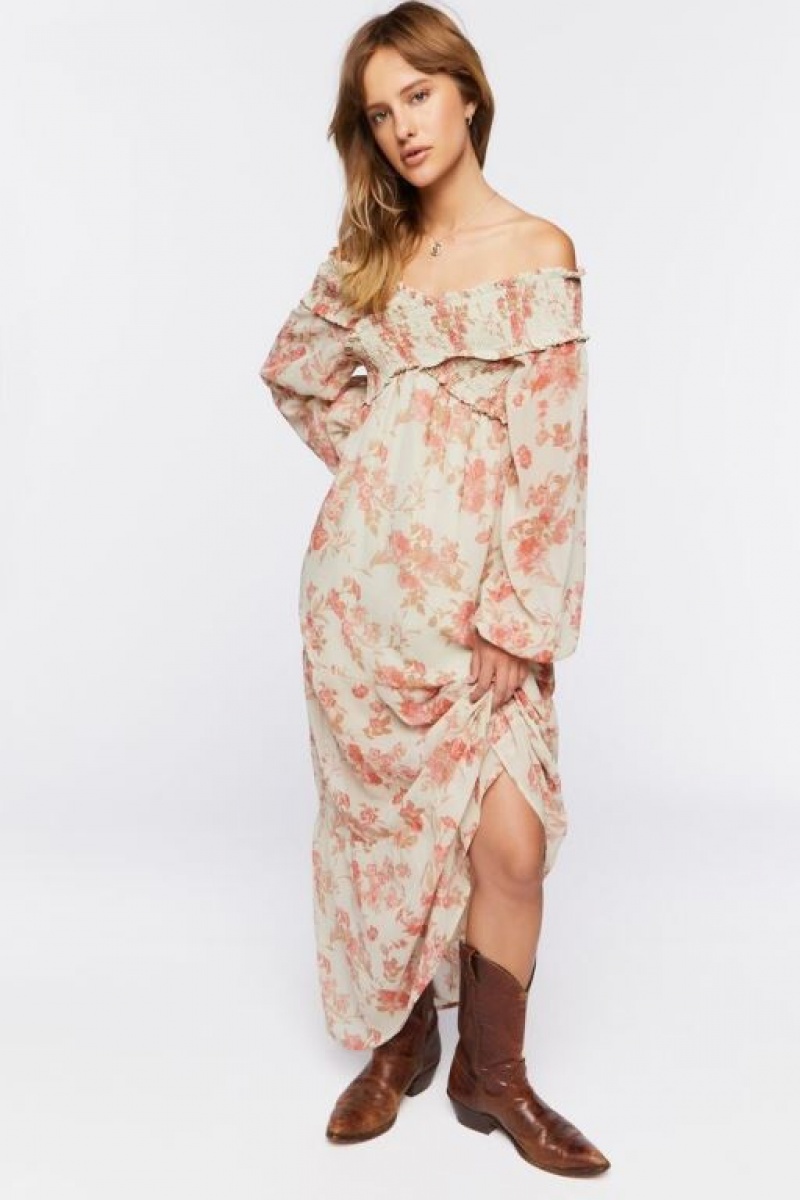 Vestido Forever 21 Floral Off The Shoulder Maxi Mujer Beige Multicolor | IQdk9yZmYMg