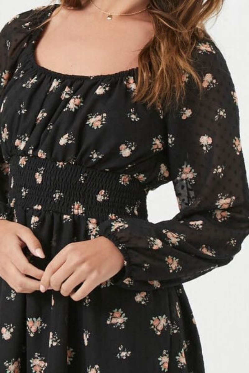 Vestido Forever 21 Floral Peasant Sleeve Mini Mujer Negras Multicolor | ZI5sH6Atszq