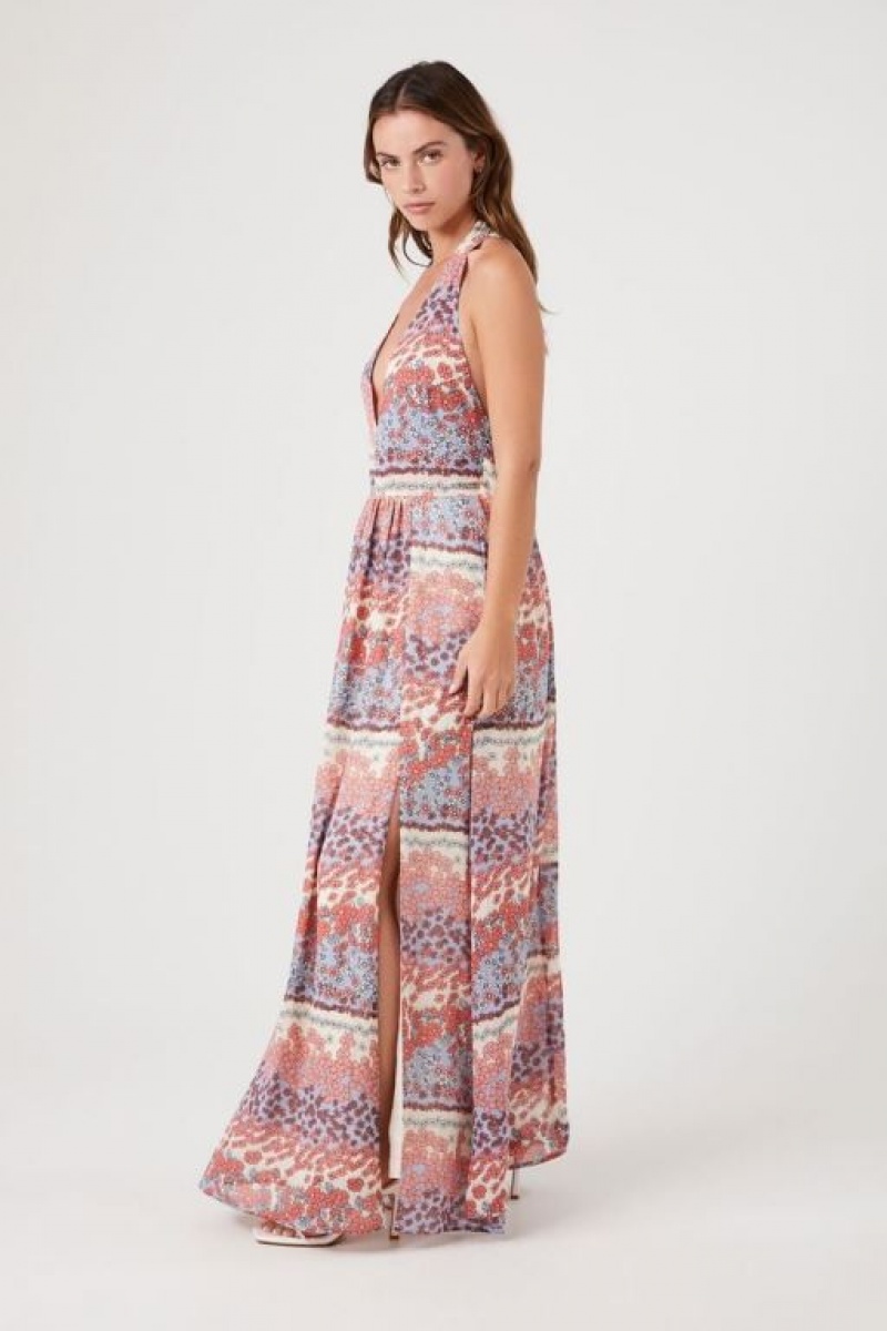 Vestido Forever 21 Floral Plunging Maxi Mujer Azules Claro Multicolor | G8tbEwtStCx