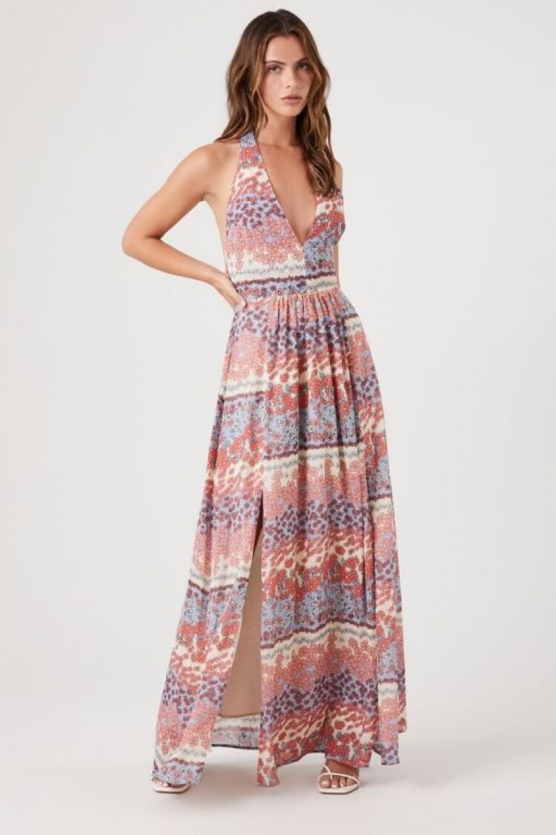 Vestido Forever 21 Floral Plunging Maxi Mujer Azules Claro Multicolor | G8tbEwtStCx