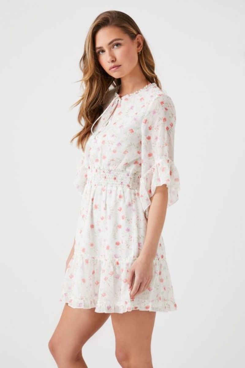 Vestido Forever 21 Floral Print Chiffon Mini Mujer Blancas Multicolor | QneVSVXqjRV